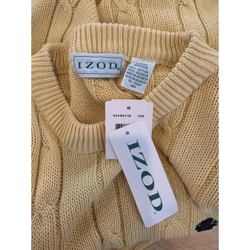 Vintage IZOD Sweater LARGE Crest Chunky Cable Knit Butter Yellow Deadstock NWT